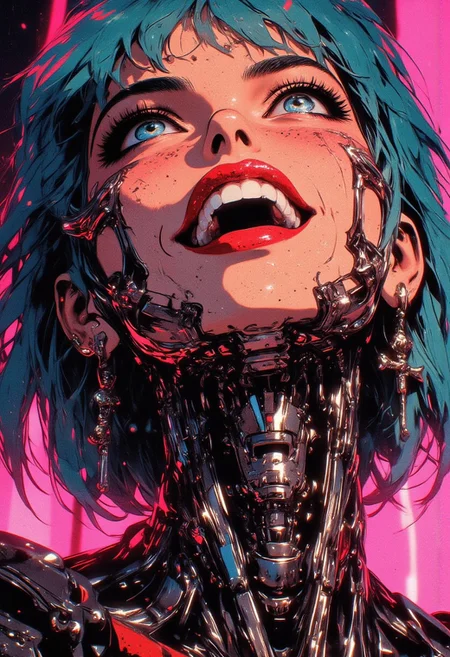 A futuristic young woman with an edgy, cyberpunk vibe gazes upward with a wide smile. Her face is adorned with a blend of human and robotic elements — her mouth revealing metallic teeth and mechanical components along her jawline and neck. Piercings and silver chains add to her alternative style, and large cross-shaped earrings dangle from her ears. Her tattooed neck merges into a metallic, cyborg-like structure, while her bright teal hair contrasts with the neon-pink background.
