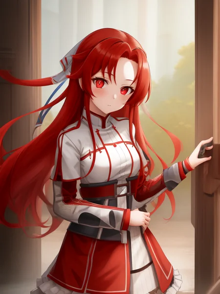1girl, tiese, red eyes, red hair, solo, portrait, looking at viewer, best quality, high quality, highly detailed, highres, masterpiece, <lora:tiese:0.75>