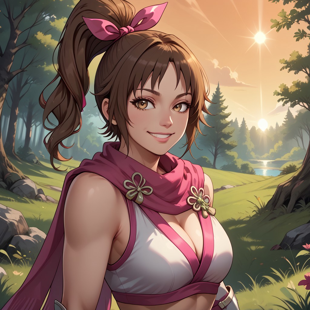 score_9, score_8, BREAK, solo, Kunoichi, brown hair, ponytail, hair ribbon, pink ribbons, brown eyes, pink scarf, midriff, navel, cleavage, white crop top, pink gloves, white bracers, white shorts, white shin guards, pink thigh highs, toeless sandals, bare shoulders, sexy pose, self portrait, smile, outdoors, sunlight, shadows, evening lighting, natural lighting, forest, trees, grass, orange sky, sunset