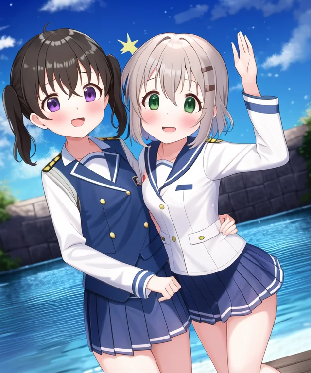 (((2people)), 2girls, (YukimuraAoi) KuraueHinata: 1.3) with beautiful eyes, fanart,  ((yuri)), (cowboy shot close to viewer), 
shot of ([(short green hair) green eyes  girlA in uniform: uniform YukimuraAoi : 0.5] close to [(black hair short twintails (purple eyes) in uniform) girlB in blue skirt and white coat: uniform KuraueHinata with  (purple eye) : 0.5)), dynamic pose, cinematic angle,
detailed face with (beautiful reflection eyes), (beautiful hands), [[[[under beautiful detailed sky near splashed water, bloom effect]], fantastic background, 4K wallpaper]]