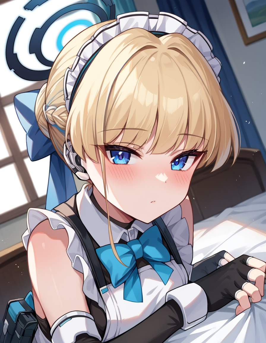 score_9, score_8_up, score_7_up, source_anime,
tokiasuma, <lora:toki-asuma-ponyxl-lora-nochekaiser:1>
toki, blonde hair, blue eyes,
hair bun, short hair, halo, apron, belt pouch, black dress, black gloves, blue bow, bow, dress, elbow gloves, fingerless gloves, gloves, halo, long sleeves, maid, maid apron, maid headdress, pouch,
indoors, bed, bed room, on side, blush, drunk,
looking at viewer, dutch angle, cowboy shot
