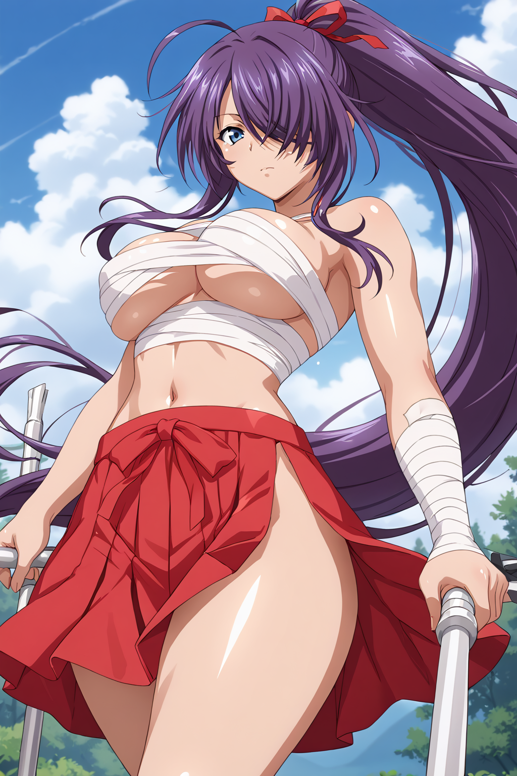 score_9, score_8_up, score_7_up, BREAK source_anime, masterpiece, anime screencap, shiny skin, thick thighs,
1girl, kan'u unchou, very long hair, ahoge, purple hair, blue eyes, hair between eyes, hair over one eye, large breasts,  <lora:kan'u_pony-000019:0.9>
ponytail, hair ribbon, red ribbon, sarashi, bandages around chest, navel, hakama skirt, side slit, red skirt, 
 weapon, polearm, holding weapon, 
sky,