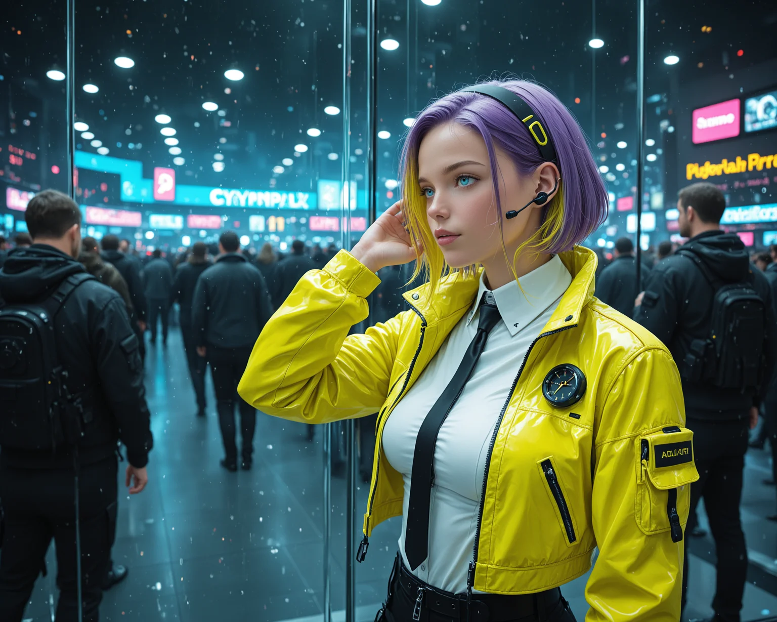 young 1girl, solo, short hair, purple hair, two-tone hair, colored inner hair, yellow hair, very long hair,swept bangs, earpiece, black hairclip, hairband, sidelocks, drill sidelocks, blue eyes, white shirt, cropped jacket, yellow jacket with green accents, techwear, jewelry, necktie, zipper, neon trim, thigh strap, thighhighs, asymmetric legwear, (parted lips, light smile:0.4), suggestive, (dynamic pose:0.9), upper body, hand to ear, medium breasts, scenery, science fiction, futuristic, cyberpunk, hotel lobby, seats, glass door entrance, clock, marble wall, crowd, masterpiece, best quality, realistic, cinematic lighting, photography, award winning, film grain, newest, aidmafluxpro1.1, aidmaMJ6.1 <lora:aidmaFLuxPro1.1-IL-v0.3:0.3> <lora:aidmaMJ6.1_v0.5_IL:0.3> <lora:RealisticIL-000001:0.2> <lora:- iLL - the_edgy_mech_V3.0:0.3>âââ