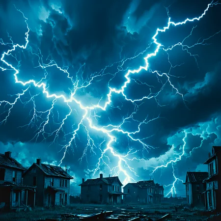 <lora:80sFantasyMovieSDXL2:1> ArsMovieStill, 80s Fantasy Movie Still, The image is a dark and eerie scene of a lightning strike. The sky is filled with dark clouds and the lightning bolts are striking down from the sky creating a dramatic and ominous atmosphere. The lightning bolt is bright blue and is striking in the center of the image. The background is dark and cloudy with a few buildings visible on either side of the lightning bolt. The buildings appear to be old and dilapidated with broken windows and crumbling walls. The image is taken from a low angle looking up at the lightning and the sky., scenery, no humans, cloud, sky, lightning, cloudy sky, blue theme, outdoors, night, building