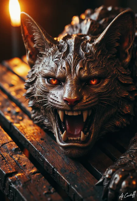 Extreme low-angle shot, 35mm fisheye lens with pronounced barrel distortion, intense motion blur on the subject's metal body, very shallow f/1.4 depth of field. Warm, golden light emanates from a nearby torch, casting dramatic shadows on the dark, wooden surface. A medieval-style, bronze cat's head, with intricately etched, Celtic-inspired patterns, lies on a worn, wooden pedestal, its mouth open in a menacing snarl, revealing a row of sharp, yellowed teeth. The cat's eyes, two small, round gemstones, glint with a fierce, otherworldly energy., l1n0c2t, fg<lora:CustomFlux/MysticRealism.safetensors:1.0000000000000002:1.0000000000000002> <lora:CustomFlux/MysticFantasy.safetensors:0.25000000000000006:0.25000000000000006> <lora:Flux/Linocut - s1 g4.safetensors:0.25000000000000006:0.25000000000000006> <lora:Flux/Stylized-Super-Texture.safetensors:0.5000000000000001:0.5000000000000001>