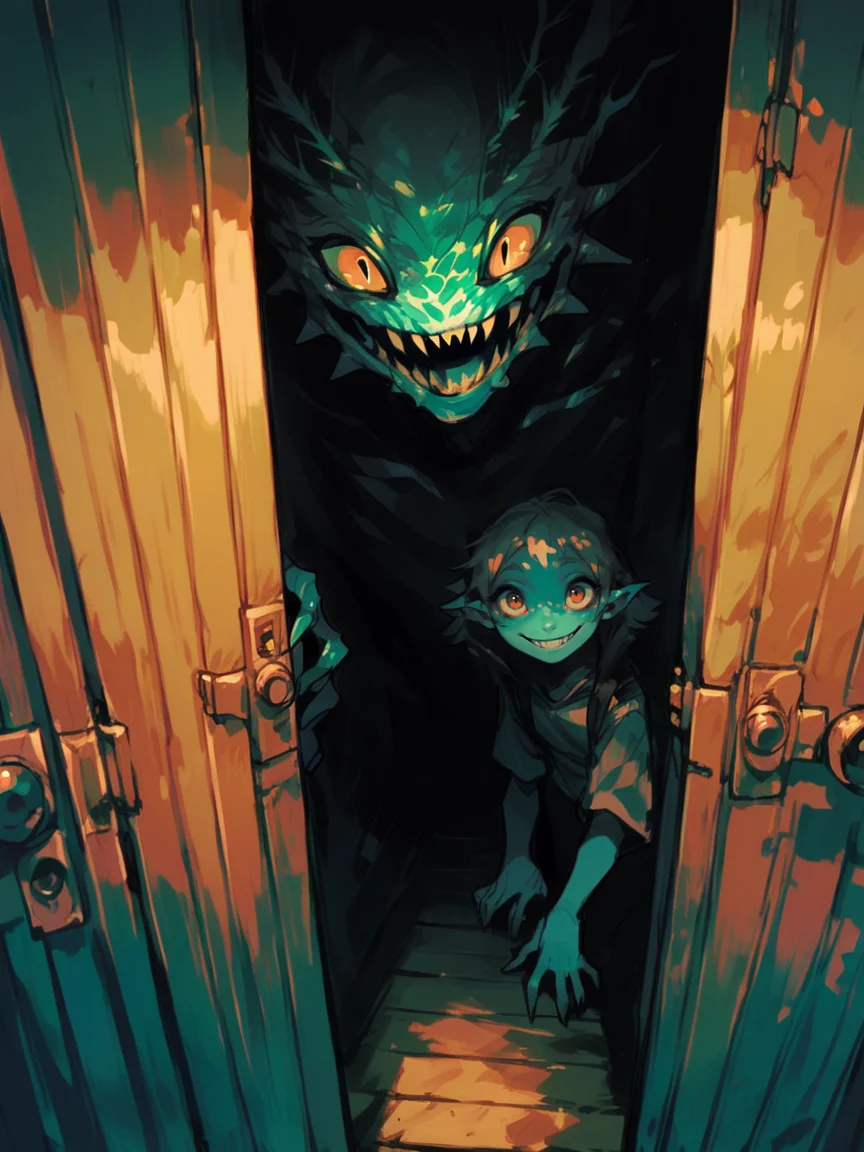 score_9, score_8_up, score_7_up, score_6_up, monster, smile, <lora:cr33pp41ntXLP:1> cr33pp41nt, dark, doorway,