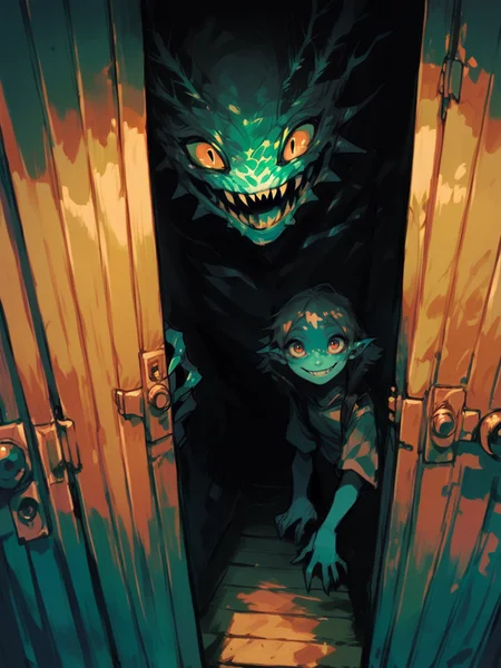 score_9, score_8_up, score_7_up, score_6_up, monster, smile, <lora:cr33pp41ntXLP:1> cr33pp41nt, dark, doorway,