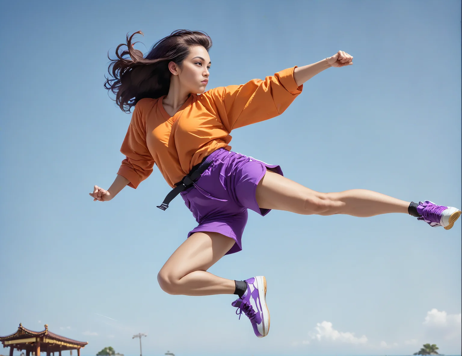 score_9, score_8_up, score_7_up, jusiki, side view, (slim 25yo female), doing a high jump sidekick, in front of pagoda. sneakers, purple shorts and orange shirt,long brunette straight hair <lora:JumpedSideKickPony-000007:1>