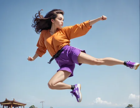 score_9, score_8_up, score_7_up, jusiki, side view, (slim 25yo female), doing a high jump sidekick, in front of pagoda. sneakers, purple shorts and orange shirt,long brunette straight hair <lora:JumpedSideKickPony-000007:1>