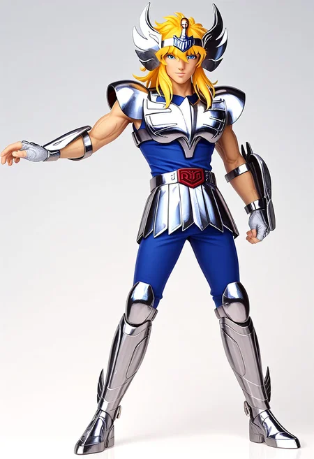 score_9, score_8_up, score_7_up, cygnushyov1, 1boy, blue eyes, slender figure, toned male, swan circlet, silver pauldrons, silver armor, fingerless silver gauntlets, circle plated vambrace, belt, silver tassets, blue pants, silver greaves, blue undershirt, belt buckle, wavy blonde hair, sleeveless, straight-on, full body, looking at viewer