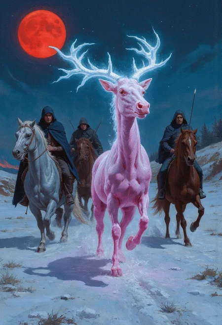 A spectral stag with antlers of glowing frost gallops across an open tundra under a blood moon, its translucent form leaving trails of cold fire in the snow, behind it, ghostly hunters ride skeletal steeds cloaked in tattered shrouds of frost, their weapons—bows of ice and spears tipped with enchanted icicles—glow faintly in the swirling snowstorm, the chase is furious and violent, the stag’s desperate breaths visible in the icy air, the scene evokes the brutal dynamism of Simon Bisley, with exaggerated movement, bold contrasts, and a haunting interplay of red moonlight and icy blues.
, Vibrant, grotesque, and surreal with bold contrasts, heavy black outlines, and a blend of dreamlike autumnal hues; a mix of neon, retro, and pagan elements, inspired by Sean Aaberg’s punk-infused, chaotic energy and dreamcore's eerie, nostalgic undertones
