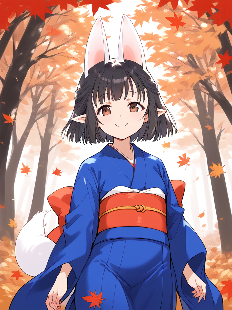 score_9, score_8_up, score_7_up, source_anime, rating_explicit, BREAK  <lora:Hasaha_XL:1> Hasaha, animal ears, black hair, brown eyes, pointy ears, short hair, white tail, short stack, 
japanese clothes, blue kimono, blue long skirt, sash, obi, fallen leaves, autumn, day, 
smile,  looking at viewer, cowboy_Shot,