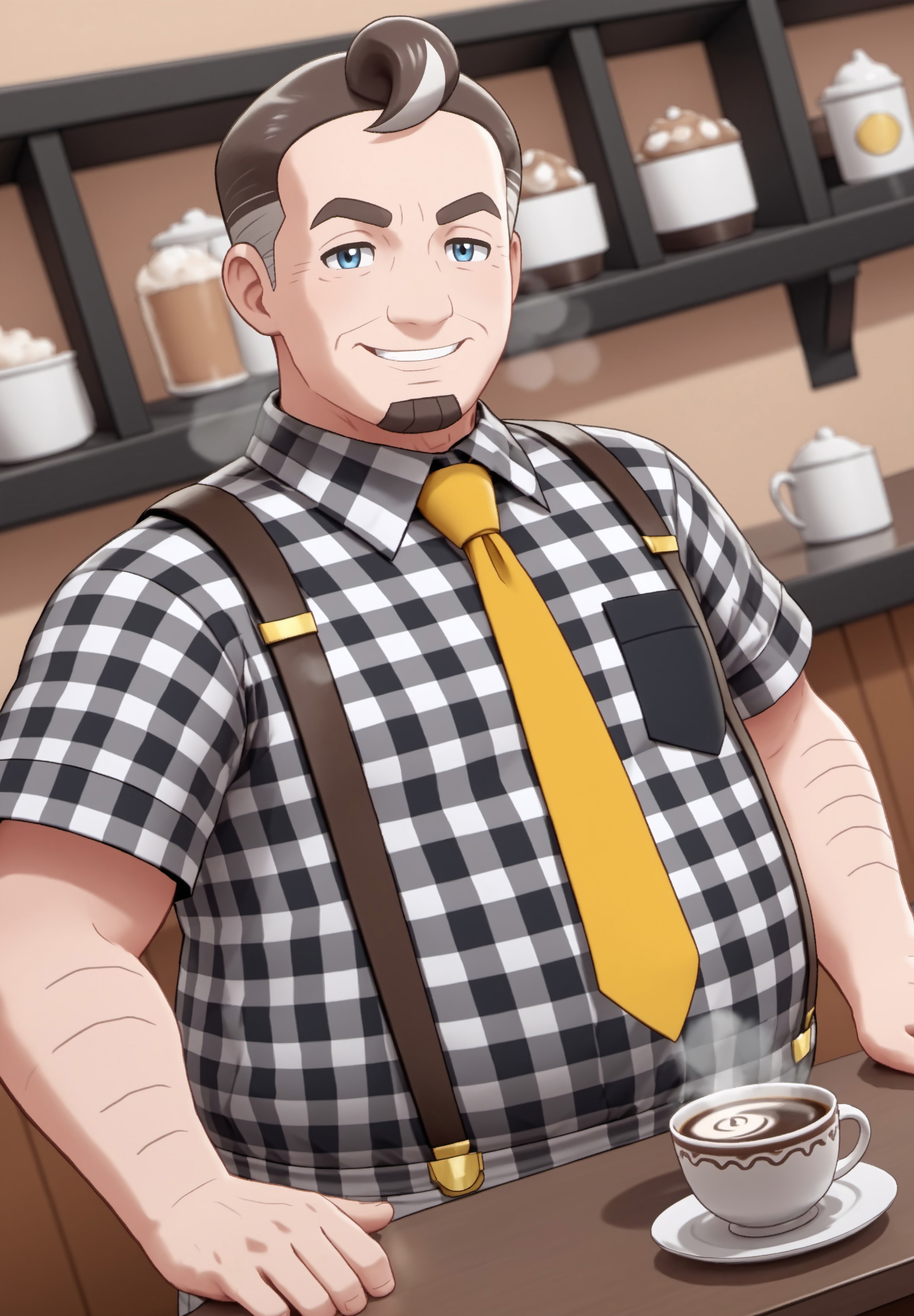 safe_pos, safe_pos, score_9, score_8_up, rating_nsfw, ultra hd, absurdres, best quality, masterpiece, masculine, solo, 1boy, 1male, male focus, best anatomy, best eyes, best hands, sexiest man alive, erotic, gay porn, cartoon art, cartoon artstyle,

POKESSCafe, POKESSCafeHair, yellow tie, plaid shirt, suspenders, chubby, facial hair, making coffee, steam lines, smiling, looking at viewer, cozy aesthetic, cafe background, detailed background, dutch angle