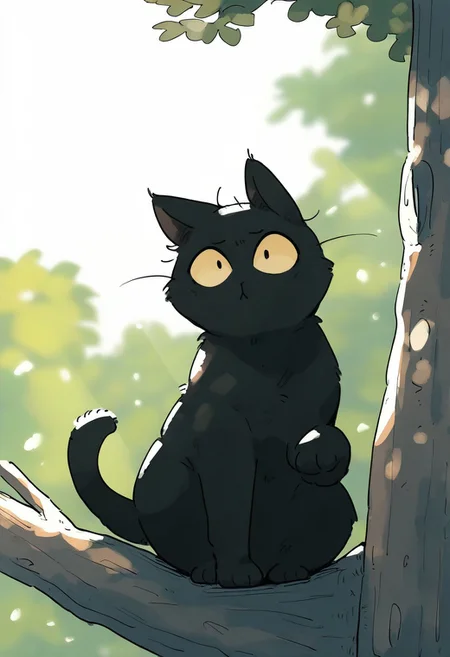 chii-kun \(seedyoulater\), naguru \(cyoroama\), 
very awa, masterpiece, highres, absurdres, newest, year 2024, year 2023, 
(cat:1.2), black cat, (no humans:1.1), scared, paws, fur, (cute:1.2), comfy, solo, thinking, confused,
tree branches, OO,
day, sunlight, sunrays, 
<lora:TA_trained:0.75>, <lora:ponyv4_noob1_2_adamW-000017:0.33>, <lora:shiroski:0.75>,
