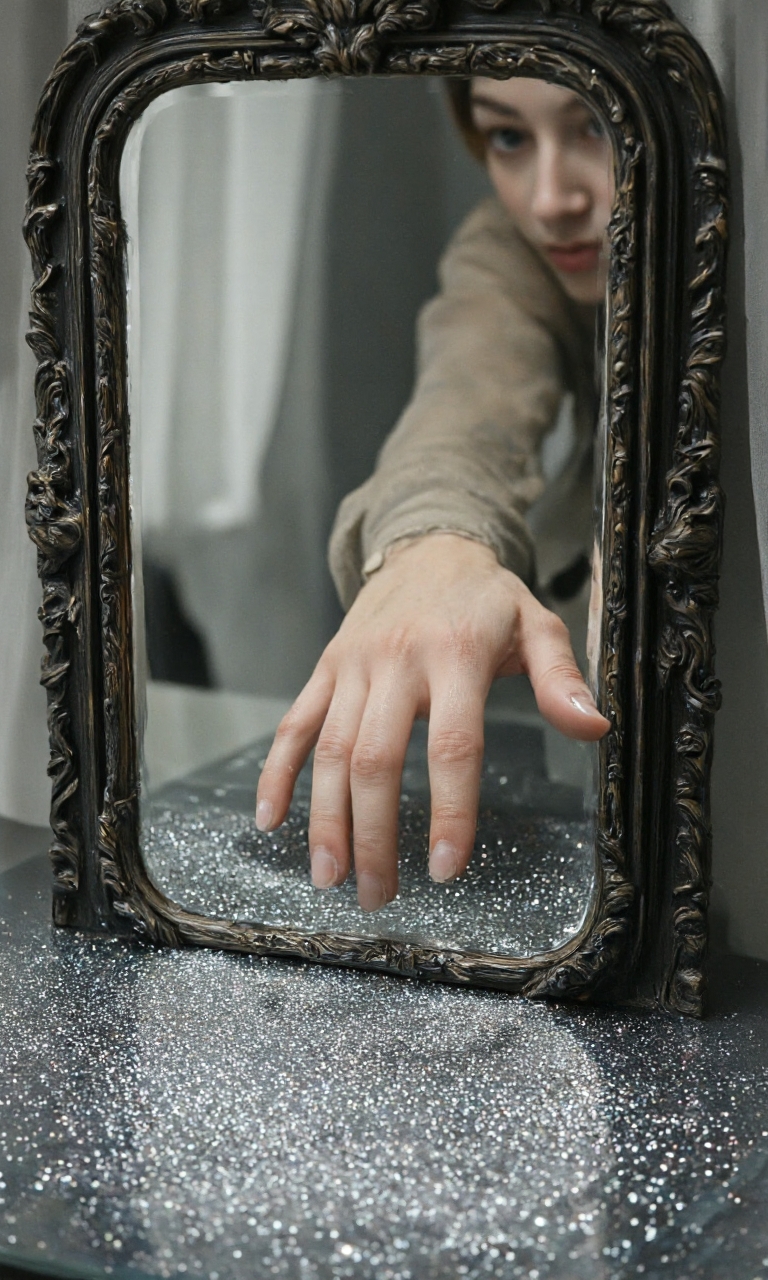Style of Pierre Bonnard  with a surreal and magical aesthetic. The primary subject is a reflection of a hand in an ornate, vintage mirror. The hand, belonging to a person with fair skin, is reaching into a shallow pool of water that fills the bottom of the mirror. The water is covered in tiny, sparkling glitter particles, creating a shimmering, almost ethereal effect. The mirror itself has an elaborate, dark wooden frame with intricate carvings, adding to the vintage and antique feel of the scene. The background of the image is soft and blurred, with a hint of a white, sheer fabric or curtain draped behind the mirror, enhancing the dreamy atmosphere. The overall color palette is muted, with shades of gray, white, and black, creating a moody and otherworldly ambiance. The texture of the glitter in the water is smooth and reflective, while the mirror's frame has a rough, carved texture. The composition draws the viewer's eye to the hand reaching into the water, evoking a sense of curiosity and wonder. The overall style is a blend of fantasy and realism, with a focus on creating a visually captivating and whimsical scene., aidmaimageupgrader, aidmaMJ6.1