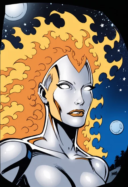 Joe Madureira Style, , 1girl, 1girl,Frankie Raye, long fiery hair, blank eyes, white eyes, silver skin, shiny skin,comicbook style, score_9, score_8_up, score_8,at night, stars, dynamic view, breasts, looking at viewer,