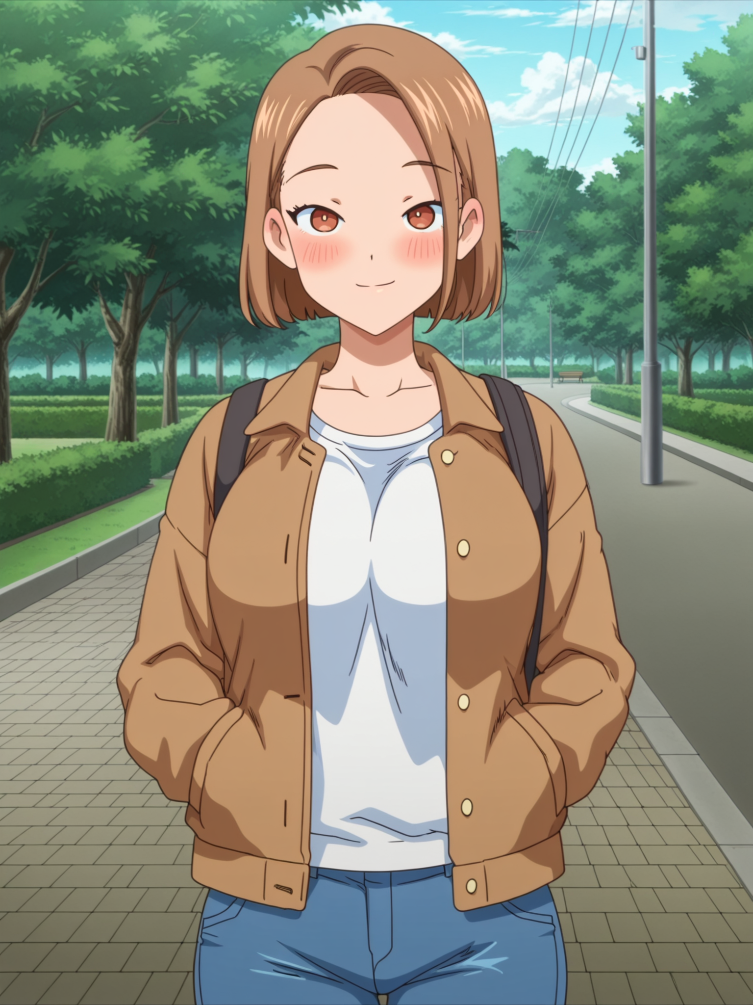 anime coloring, anime screencap, masterpiece, best quality, amazing quality,
outside, at a park, 
 <lora:Aoi_and_Yuko_Nikuen:1>
Aoi's friend (character), 1girl, brown hair, solo, short hair, jacket, blush, brown eyes, looking at viewer, smile, shirt, jeans, cowboy shot,