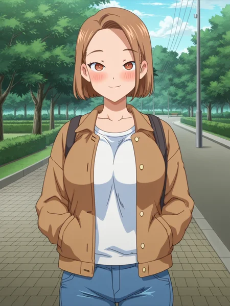 anime coloring, anime screencap, masterpiece, best quality, amazing quality,
outside, at a park,
<lora:Aoi_and_Yuko_Nikuen:1>
Aoi's friend (character), 1girl, brown hair, solo, short hair, jacket, blush, brown eyes, looking at viewer, smile, shirt, jeans, cowboy shot,