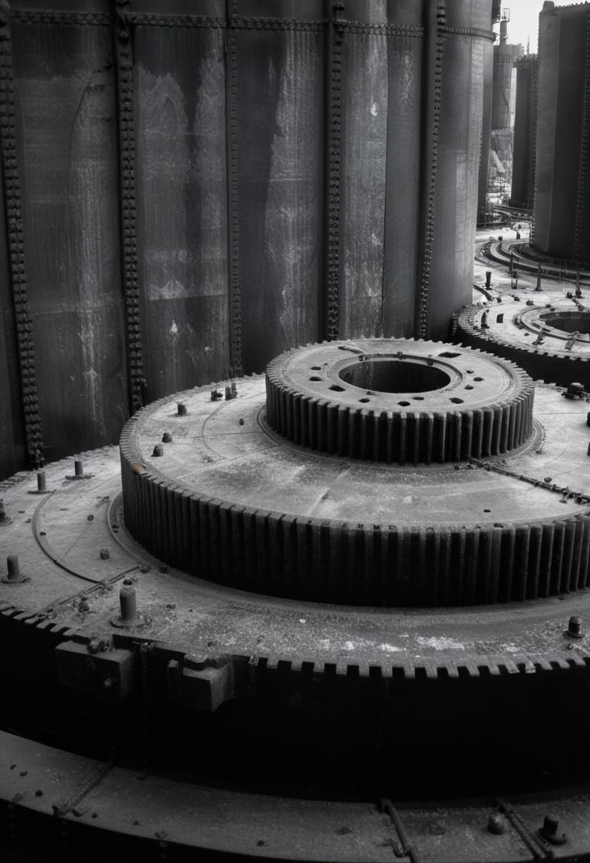 detailxl, 80sc1nemat1c5tyle, creamy bokeh, black and white, colorless, monochrome, BREAK, gears, machinery, close-up, factory, rust, oil