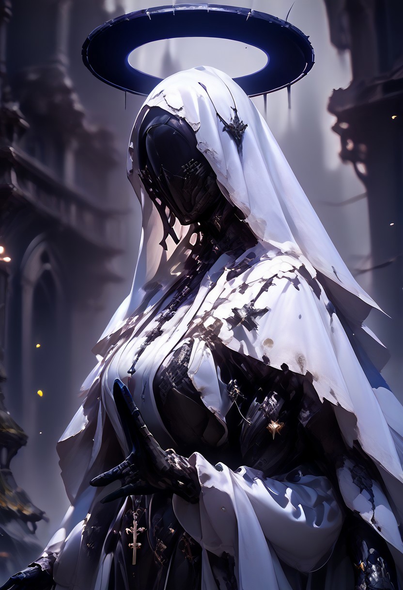 Realistic, (score_9, score_8_up), score_7_up, 1girl, jewelry, hood, necklace, armor, from side, mask, halo, helmet, cross, (crown), veil, cloak, spikes, robe, covered face, al13ng0d, solo, veil, black skin, hood up, (((huge saggy breast))), (mcnm), blurry background, dark, CINE, (embers),
,
Break
((4arms, 4arm)), hand gesture, depth of field, hand gesture, dark and moody lighting, ruins, cathedral,
 <lora:unholy-000009:0.75>   <lora:CINE-000008:0.5>  <lora:add-detail-xl:-1> <lora:EnvyBetterHiresFixXL01:0:hr=1>