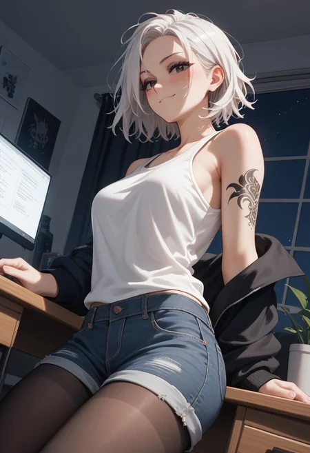 score_9, score_8_up, score_7_up, 26 years old,, zPDXL3, 1girl, solo, medium breasts, white hair,  (from below, ), (from side:0.6),
(cowboy shot:1.2), eyeshadow, tattoo on arm, 
black eyes, medium hair, messy hair, dutch angle, chair, (white tanktop, black hoodie,  bare shoulders), denim shorts, pantyhose, indoors, computer desk, sitting behind desk, night, desk light,  relaxed, bedroom, smug, blush, looking up, dynamic light