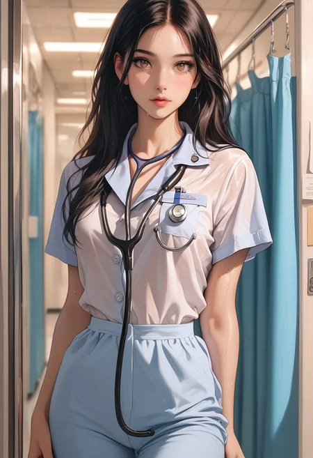 masterpiece,best quality, highly detailed, score_9, score_8_up, score_7_up, score_6_up, source_cartoon, medium shot, 1 girl, fit, beautiful, long wet hair, black hair, detailed face, light brown eyes, Hospital corridor, light blue scrub top, matching scrub pants, stethoscope & ID badge