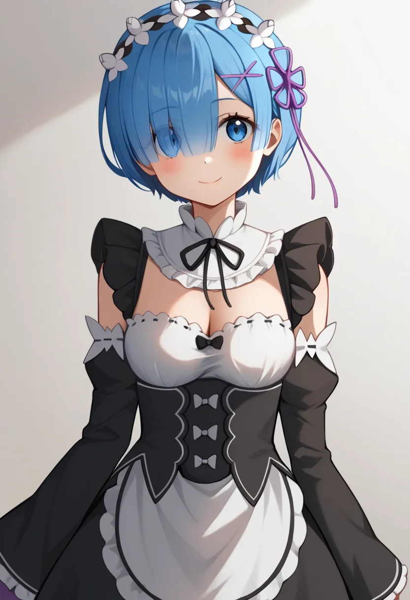 score_9,score_8_up,score_7_up,<lora:rem_pony:1>,waist_apron, maid, hair_ribbon, white_flower, white_collar, juliet_sleeves, highres, purple_ribbon, white_bow, simple_background, cowboy_shot, cleavage, frilled_sleeves, black_dress, eyelashes, closed_mouth, solo, rem_\(re:zero\), smile, bare_shoulders, neck_ribbon, detached_collar, spaghetti_strap, white_apron, flower_knot, frilled_straps, commentary, flower_hairband, bow_button, frilled_dress, black_bowtie, ribbon-trimmed_dress, black_sleeves, black_ribbon, hair_over_one_eye, grey_background, detached_sleeves, frilled_apron, white_pantyhose, looking_at_viewer, sleeveless_dress, light_blush, 1girl, hairclip, frilled_collar, short_dress