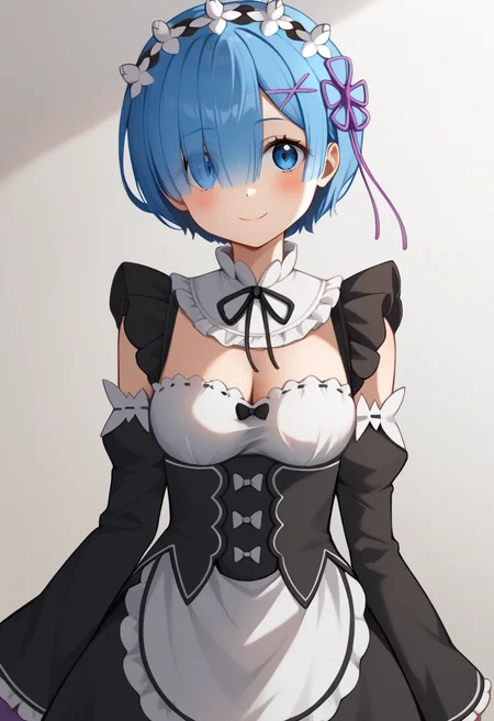 score_9,score_8_up,score_7_up,<lora:rem_pony:1>,waist_apron, maid, hair_ribbon, white_flower, white_collar, juliet_sleeves, highres, purple_ribbon, white_bow, simple_background, cowboy_shot, cleavage, frilled_sleeves, black_dress, eyelashes, closed_mouth, solo, rem_\(re:zero\), smile, bare_shoulders, neck_ribbon, detached_collar, spaghetti_strap, white_apron, flower_knot, frilled_straps, commentary, flower_hairband, bow_button, frilled_dress, black_bowtie, ribbon-trimmed_dress, black_sleeves, black_ribbon, hair_over_one_eye, grey_background, detached_sleeves, frilled_apron, white_pantyhose, looking_at_viewer, sleeveless_dress, light_blush, 1girl, hairclip, frilled_collar, short_dress