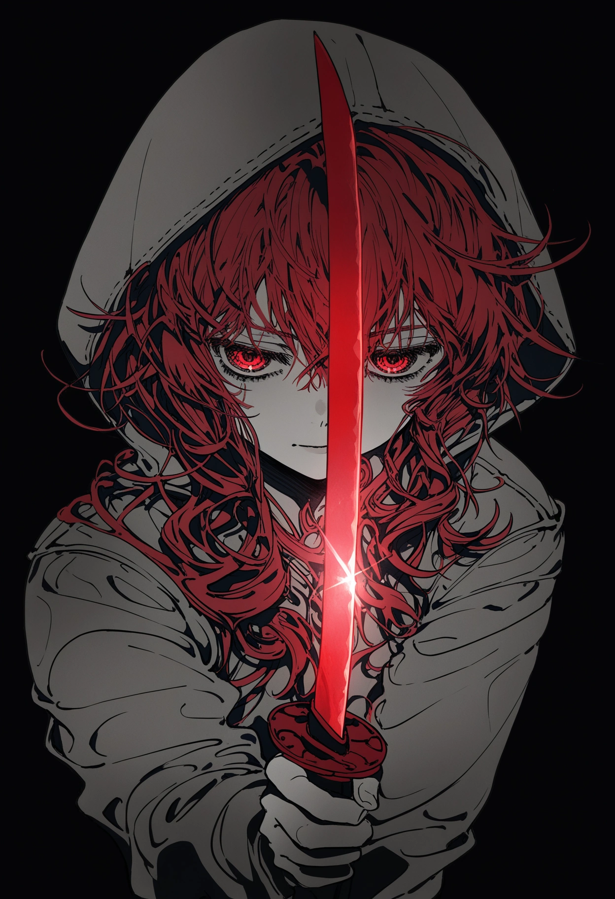 yoneyama mai, wanke, mocha, cotton, date, senpen, ciloranko, noyu, noyu23386566, newest, lineart, monochrome, (high contrast:1.1), spot color, (red sword:1.2), holding sword, fighting stance, messy hair, long hair, foreshortening, upper body, simple background, red eyes, (black background:1.05), hooded jacket, hood up, red hair, glowing, half-closed eyes, looking at viewer, katana, (white skin:0.75),masterpiece, best quality, absurdres, <lora:96_chadmix_vpred10_1a.safetensors:1.0>,