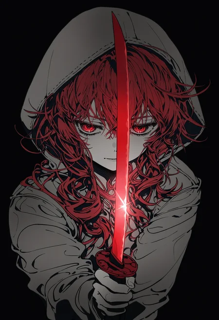 yoneyama mai, wanke, mocha, cotton, date, senpen, ciloranko, noyu, noyu23386566, newest, lineart, monochrome, (high contrast:1.1), spot color, (red sword:1.2), holding sword, fighting stance, messy hair, long hair, foreshortening, upper body, simple background, red eyes, (black background:1.05), hooded jacket, hood up, red hair, glowing, half-closed eyes, looking at viewer, katana, (white skin:0.75),masterpiece, best quality, absurdres, <lora:96_chadmix_vpred10_1a.safetensors:1.0>,