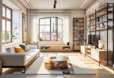 front view, anime-style, modern-style interior, with white walls and large windows, Nordic-style furniture, a  study, Sofa, coffee table, bookcase, single wall, 
warm light morning sun, (the view of the city)