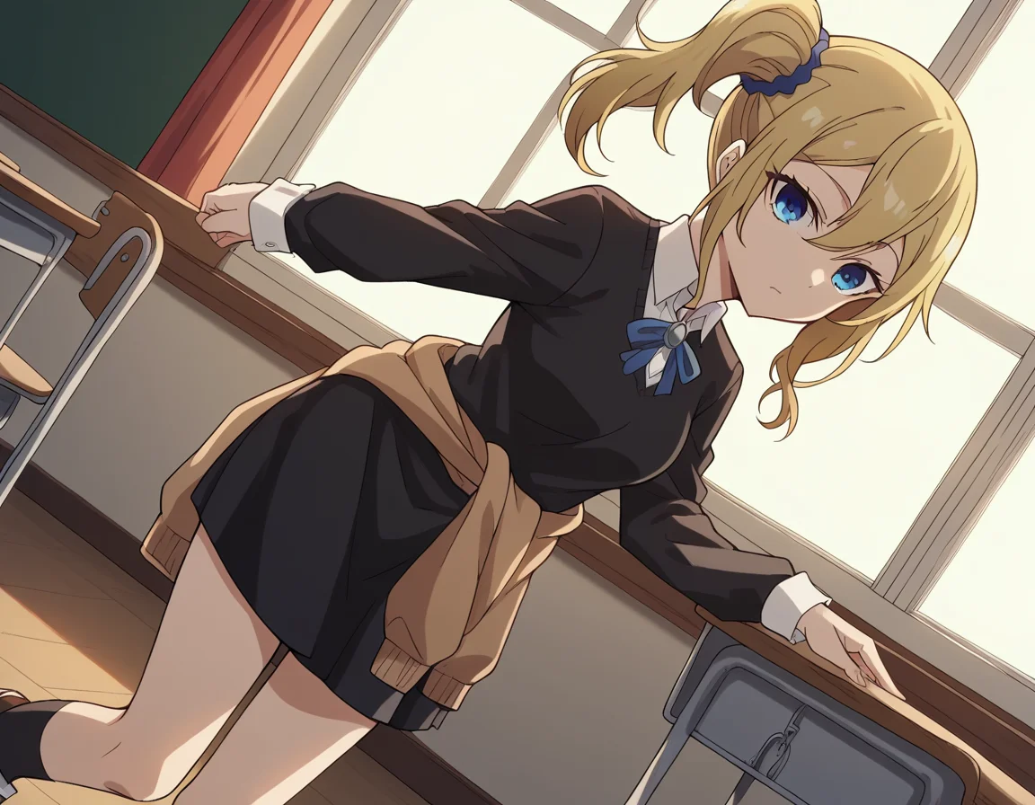 score_9, score_8_up, score_7_up, source_anime,
aihayasaka, <lora:ai-hayasaka-s3-ponyxl-lora-nochekaiser:1>,
ai hayasaka, bangs, blue eyes, blonde hair, hair ornament, hair between eyes, sidelocks, side ponytail, scrunchie, hair scrunchie, blue scrunchie,
shirt, long sleeves, school uniform, shoes, socks, sweater, cardigan, black socks, clothes around waist, shuuchiin academy school uniform, sweater around waist, cardigan around waist,
indoors, classroom, bent over,
looking at viewer, cowboy shot, dutch angle, solo,