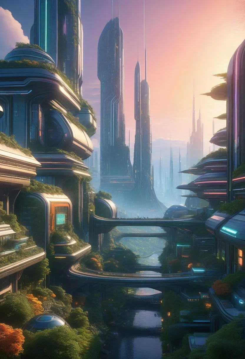 dawn, small colorful scifi future city, with a lot of nature.
score_9, score_8_up, score_7_up, score_6_up, score_5_up, score_4_up, UHD, 8K, masterpiece, detailed, ultra_high_resolution, lots of detail, OverallDetailXL.
