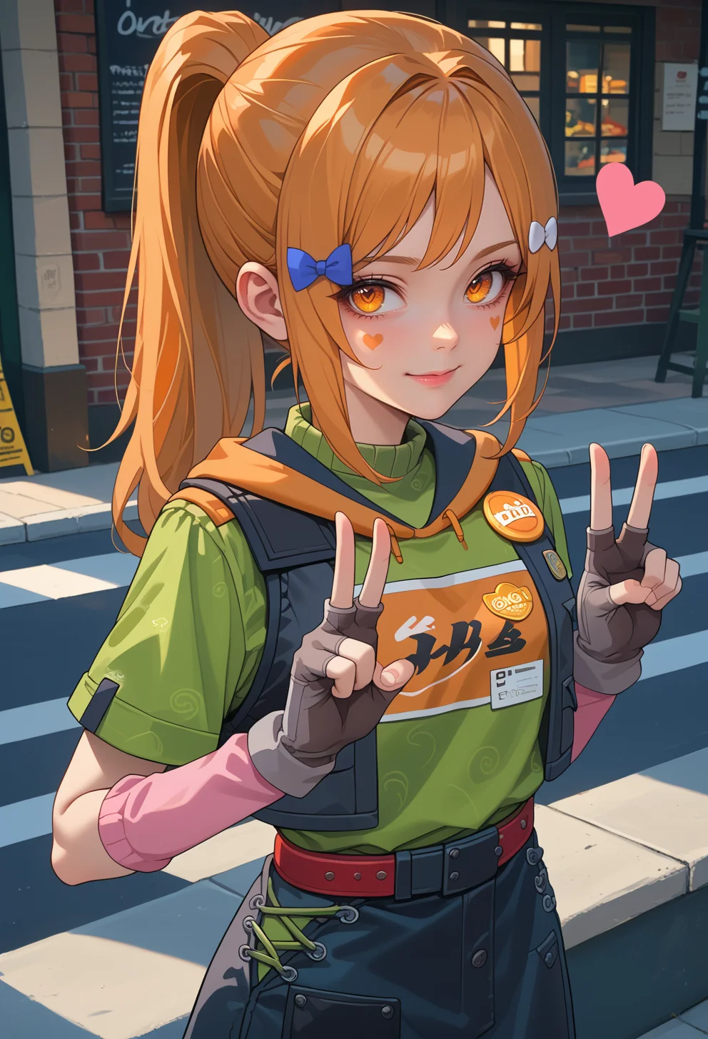 score_9, score_7_up, source_anime, solo, BREAK <lora:AEHeddy:0.7> AEHeddy, orange eyes, orange hair, long hair, ponytail, sidelocks, facial mark, heart facial mark, hair bow, hair tie, hair clip, blue bow, white bow, hoodie, black skirt, black vest, green shirt, short sleeves, black gloves, fingerless gloves, grey gloves, apron, badge, red belt, long skirt, pink socks, black footwear, boots,
smile, hands up, double v,