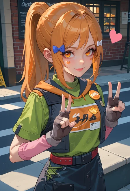 score_9, score_7_up, source_anime, solo, BREAK <lora:AEHeddy:0.7> AEHeddy, orange eyes, orange hair, long hair, ponytail, sidelocks, facial mark, heart facial mark, hair bow, hair tie, hair clip, blue bow, white bow, hoodie, black skirt, black vest, green shirt, short sleeves, black gloves, fingerless gloves, grey gloves, apron, badge, red belt, long skirt, pink socks, black footwear, boots,
smile, hands up, double v,