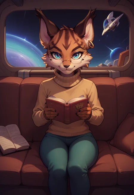 core_9, score_8_up, score_7_up, cowboy shot, looking at viewer, spaceship, <lora:Miyu_Swift_v2:1> miyu swift, sweater, turtleneck, pants, couch, sitting, reading book, looking at you, glasses