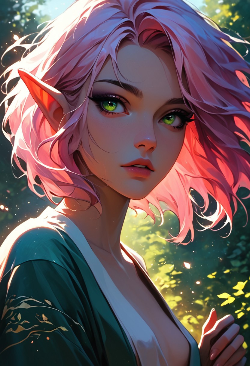score_9, score_8_up, score_8, close up, 1girl, solo, sexy elf woman, perfect face, thick eyeliner, small breasts, long straight pink hair, green eyes, wearing sexy kimono, nsfw, cowboy shot, dynamic pose, dynamic angle, volumetric lighting, cinematic lighting, outdoors, zen garden