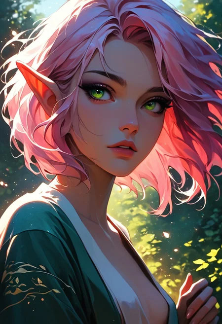 score_9, score_8_up, score_8, close up, 1girl, solo, sexy elf woman, perfect face, thick eyeliner, small breasts, long straight pink hair, green eyes, wearing sexy kimono, nsfw, cowboy shot, dynamic pose, dynamic angle, volumetric lighting, cinematic lighting, outdoors, zen garden
