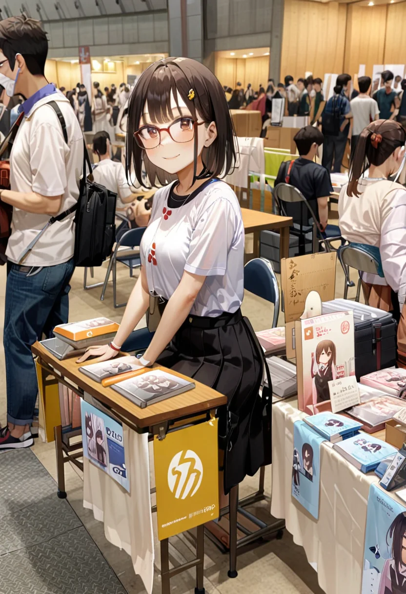masterpiece, best quality, very aesthetic, absurdres,
1girl, solo, glasses, black hair, medium hair, looking at viewer, smile, short sleeves, shirts, skirt, sitting,
comiket, table, chair, book, indoors, bag, multiple boys, 6+boys, box, shirt, brown hair, realistic, multiple girls, black hair, real world location, white shirt, photo background
<lora:comiket_circle_space_SDXL_V1:1>