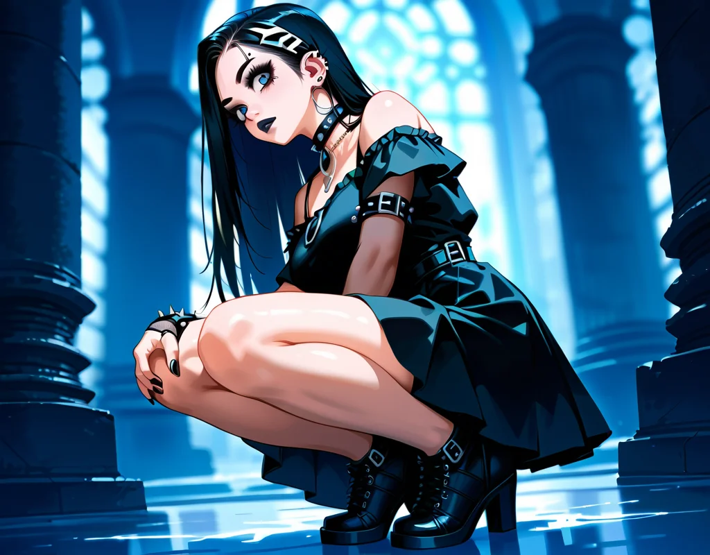 (score_9,score_8_up,score_7_up:1), 1girl, full body, off voyeur angle, dusk lighting, scared, (goth, black lipstick, silver jewelry, silver piercings, black mascara, black eyeshadow), huge breasts, (skinny), black hair blonde highlights,choker, eyeshadow, (white oiled skin), (crouching), alien sci-fi city, (<lora:goth_clothes:1>, goth dress, gothic jewelry, black dress, detailed dress, black high heeled shoes), <lora:Lo-Fi_Seinen:1>