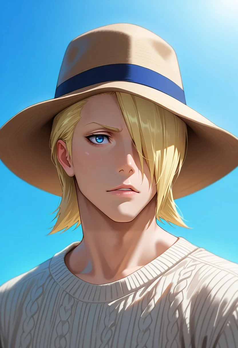 masterpiece, best quality, , (photorealistic:0.6), , 1boy, solo, male focus, <lora:izuru_kira_ilxl:0.94>, izuru_kira, blonde hair, blue eyes, short hair, hair over one eye, , , sweater, panama hat