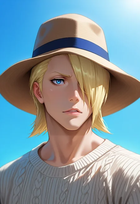 masterpiece, best quality, , (photorealistic:0.6), , 1boy, solo, male focus, <lora:izuru_kira_ilxl:0.94>, izuru_kira, blonde hair, blue eyes, short hair, hair over one eye, , , sweater, panama hat