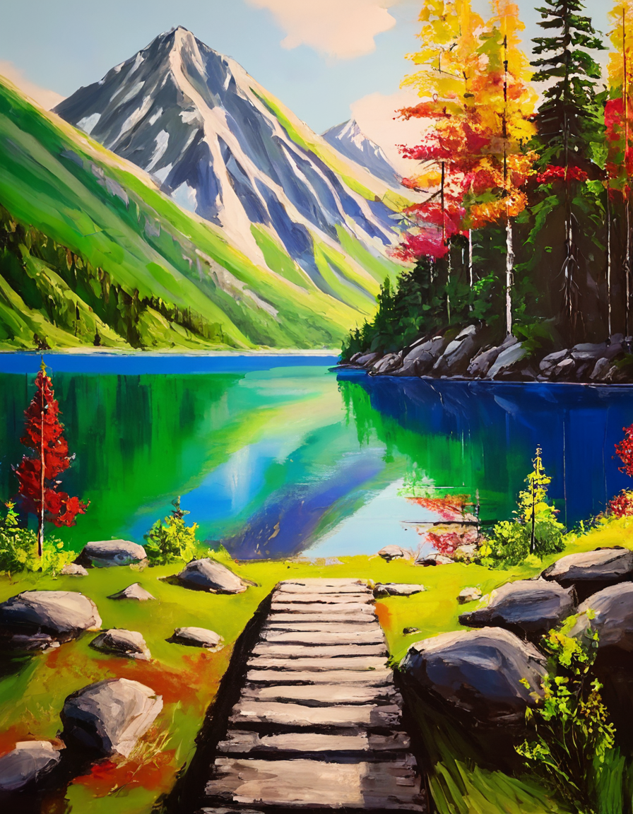 acrylic painting,Mountain Lake, acrylic painting,Mountain Lake, sunny, dynamic dramatic bright atmosphere, cinematic, very inspirational, intricate, beautiful, stunning, ambient light, great composition, clear focus, creative, elegant, epic, detailed, professional, winning, still, appealing, new, color, complex, full, fabulous, awesome, shiny, perfect, colorful, illuminated, curious, determined