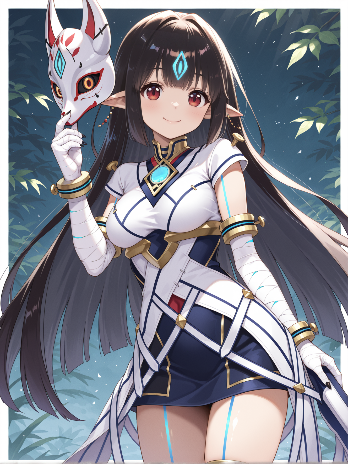 kasandra \(xenoblade\), 1girl, solo, smile, looking at viewer, white fox mask, holding fox mask, hand up, white japanese dress, white bandaged legwear, white bandaged gloves, ball earrings, black border, blue body tattoo, blue chest jewel, black sharp fingernails,
masterpiece,best quality,amazing quality,very aesthetic,absurdres,newest,<lora:Xenoblade Chronicles 2 - Kasandra illusXL v1.2:0.75>,