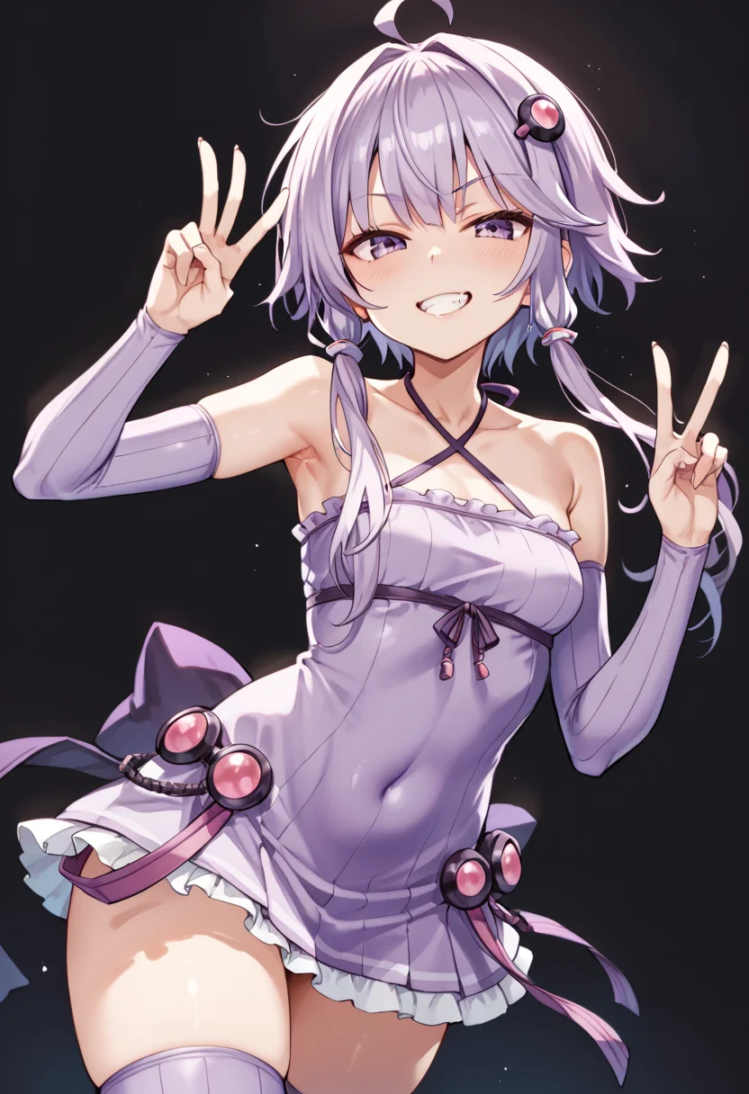 score_9_up, score_8_up, score_7_up,
<lora:YuzukiYukari_Uzai_V1:1>
yuzuki yukari, purple eyes, purple hair, ahoge, bangs, short hair with long locks, hair intakes, hair ornament, small breasts,
collarbone, criss-cross halter, breasts, halterneck, covered navel, bare shoulders,
sleeveless dress, purple dress, halter dress, Long sleeve, purple sleeve, zettai ryouiki, ribbon, thighs, sleeveless, purple thighhighs, frills,
smug, smirk, blush, teeth, peace sign, double peace sign,
black background, simple bacground,,
(mature female:1), huge brests:1,