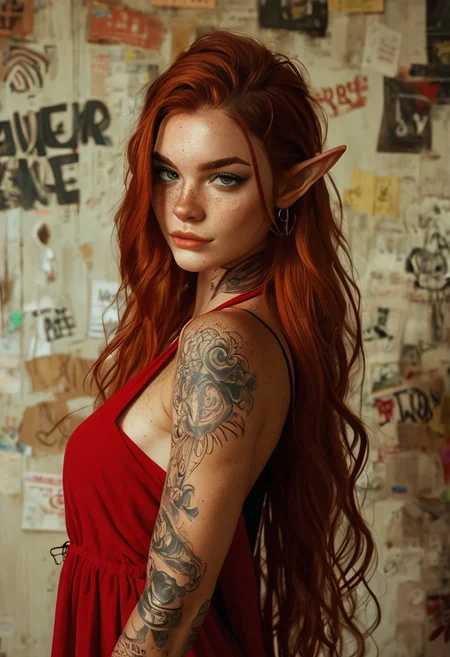 score_9, score_8_up, score_7_up, 1girl, elf woman, 30 years old, ((tall)), narrow hips, small ass, strong, muscular shoulders and arms, legs, tanned,  toned, average breasts, pretty face, makeup, eyeliner, long hair with shaved side, redhead,  horny, seductive, sexy smirk, (((freckles))), tattoos, skimpy red dress, jewellery,
 looking at viewer
