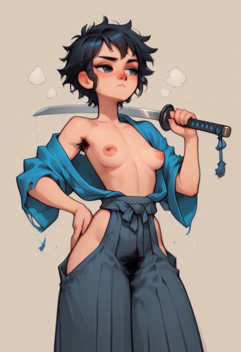 1female, solo, cute, athletic, black eyes, short messy  hair, small breasats, armpit hair, pubic hair, 
dynamic pose
japanese clothes, worm out, torn, loose kimono, Hakama Pants with hip vent, open kimono, exposed brteasts.
glaive or katana in one hand, the other on her hip,
sparse background typical of Japan, soft colors,score_9, score_8_up, masterpiece, anime