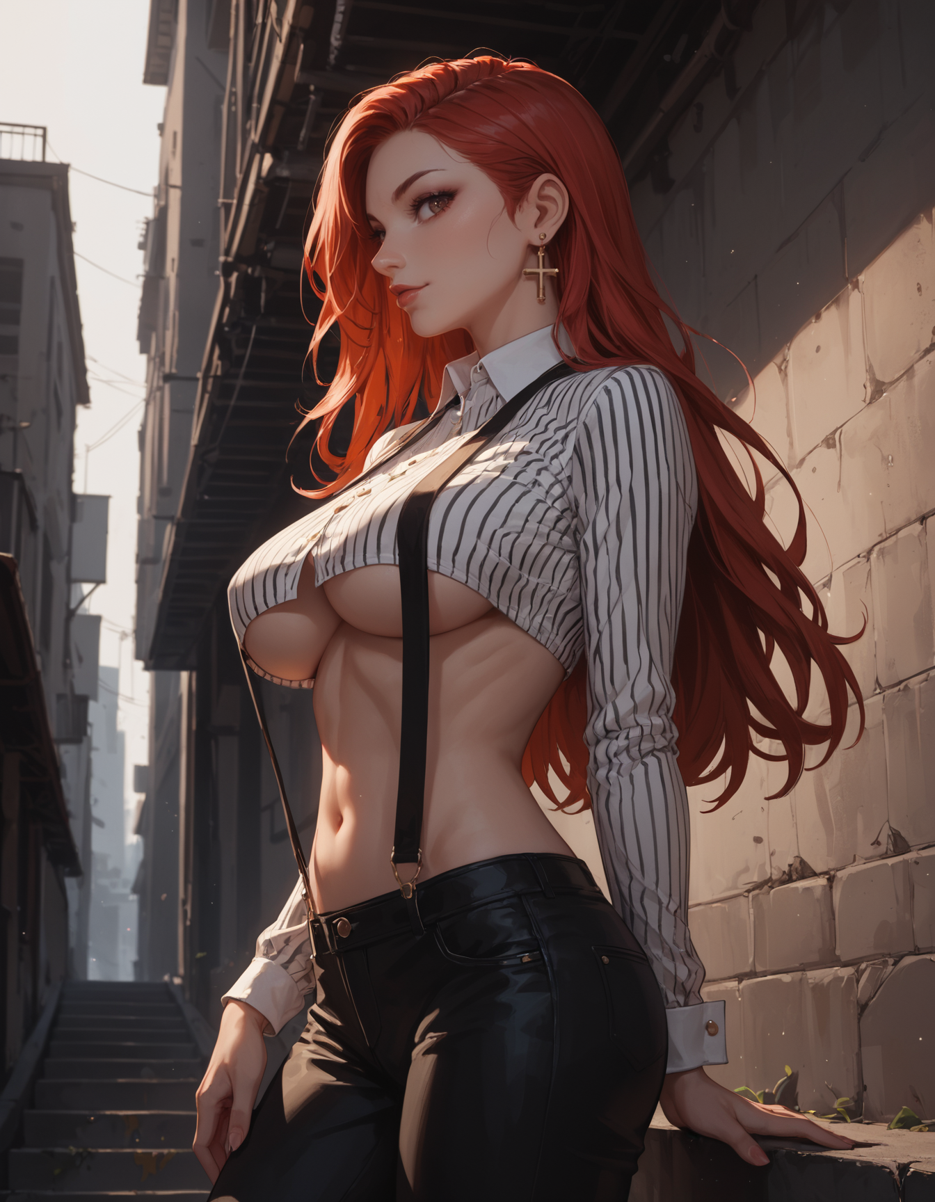 score_9, score_8_up, score_7_up, score_6_up, score_5_up, score_4_up BREAK hyper-detailed portrait of a red-haired woman exuding confidence, dressed in a white cropped open blazer with vertical pinstripes and edgy black suspenders. Her accessories include a dangling cross earring, adding a touch of minimalism to her bold look. She stands on a concrete staircase with sleek metal railings, the urban industrial setting providing a contrasting backdrop that enhances the sharp details of her outfit. The soft lighting creates dynamic shadows, emphasizing her strong profile and textured hair. Sideways glance, looking at viewer, underboob.