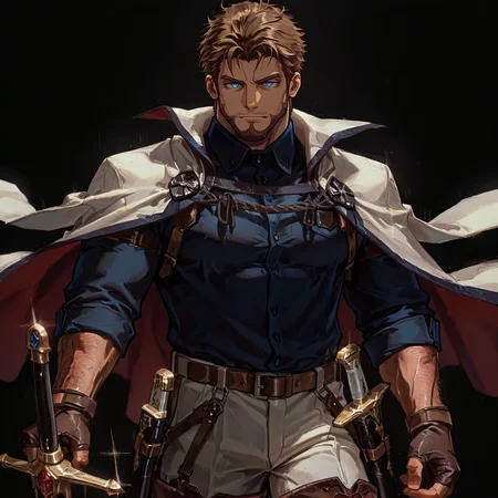 <lora:Bud__Alchemist_Code:.75>, tagatamebaado, baado_brunette, baado_blue eyes, 1boy, short hair, solo, male focus, manly, mature male, bara, muscular male, collared shirt, long sleeves, cape, fingerless gloves, belt, pants, thigh boots, sword, sheath,
{upper body|cowboy shot}, 
(very short hair), male focus, muscular male, large pectorals, muscular male, bara, mature, (hairy body, hairy, body hair, arm hair, leg hair, hairy body, glossy skin, bara, mature, facial hair, beard, full beard, sideburn, mustache, stubble), facial hair, bara, mature, body hair, aixiwuganda_(20222192), very awa, masterpiece, best quality, absurdres, newest, perfect quality, detailed background, intricate details,<lora:slider_Body Type_alpha1.0_rank4_noxattn_last:2><lora:Anime Summer Days 2 Style SDXL_LoRA_Pony Diffusion V6 XL:.6><lora:merged:.7>, DARK, DARK BACKGROUND, LOW-KEY LIGHTING <lora:slider_cfg_scale_boost:.7><lora:Artist6p:.55>, Artist6p, Artist04p,<lora:slider_il_brightness_slider_d1:-.5><lora:slider_il_contrast_slider_d1:-.25>,<lora:slider_contract_controller_illus01_v1:.3>, <lora:addon_illustriousXLv01_stabilizer_v1.121:.5>,<lora:slider_DarkSlider1.2_alpha1.0_rank16_full_300steps:-.2><lora:Heavenly_Beauty_r1:1>, (heavenlybeauty,)<lora:slider_style_strength_controller_illus01_v1:.25>