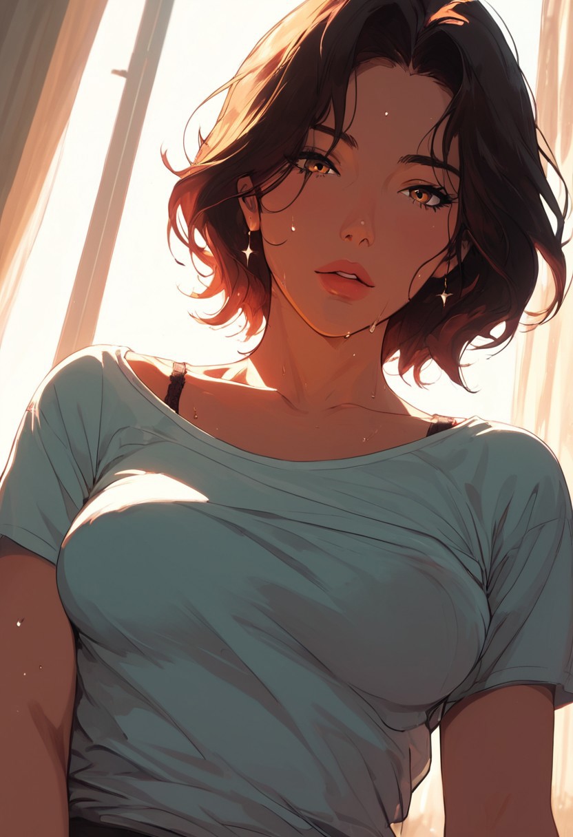 masterpiece,best quality, highly detailed, score_9, score_8_up, score_7_up, score_6_up, source_cartoon,
 BREAK
 1MILF, open eyes, angle, sweat, (motion lines:0.3), (motion blur:0.3),  partial nudity, mature female, housewife, 
BREACK
Seductive look, tshirt, medium breasts, one breast out, hold breasts, pov from below, bra, 
BREACK
ynamic light, warm_light,vibrant colors warm_colors,soft focus, high contrast, textured surfaces , depth of field, golden hour lighting, dramatic shadows, rich details , nature-inspired color palette, playful composition
,dynamic angle,dynamic light,background,